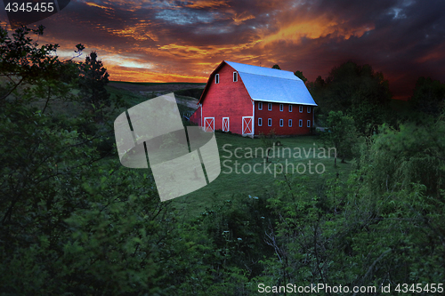 Image of Picturesque Red Barn in Rural in Palouse Washington 