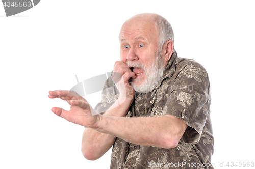 Image of Senior man with grimace of fear, isolated on white