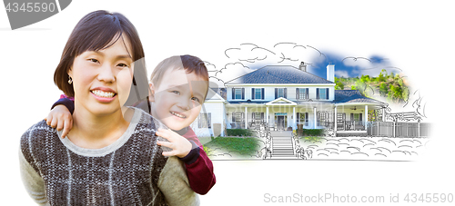 Image of Chinese Mother and Mixed Race Child In Front of House Drawing on