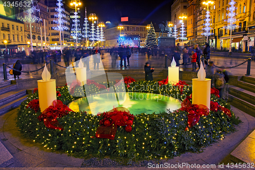 Image of Mandusevac fountain on Ban Jelacic square  decorated with advent