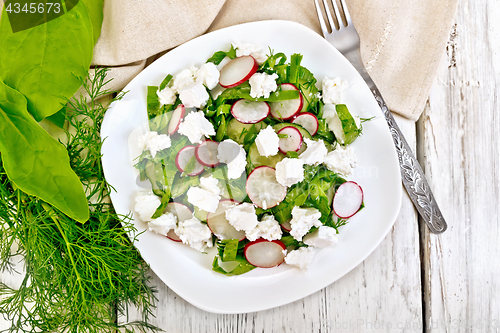 Image of Salad with spinach and radish in plate on board top