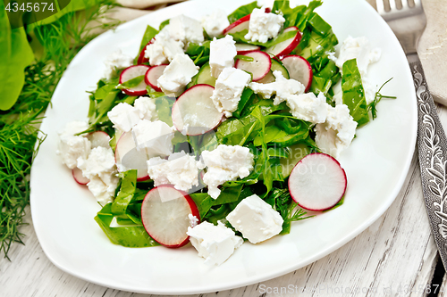 Image of Salad with spinach and radish in plate on board