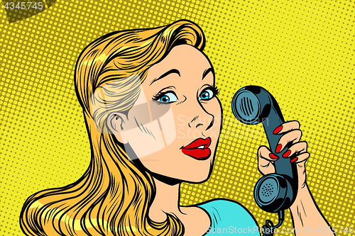Image of Blonde woman talking on retro phone