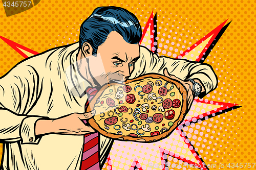 Image of man bites pizza