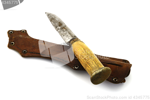 Image of traditional Finnish knife puukko and sheath on white 