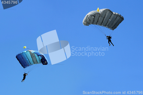 Image of Two Parachutists fly to the blue sky