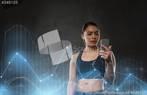 Image of woman with smartphone and earphones in gym