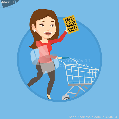 Image of Woman running in hurry to the store on sale.