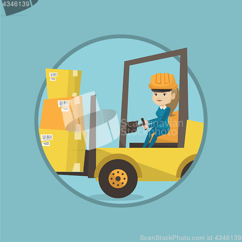 Image of Warehouse worker moving load by forklift truck.