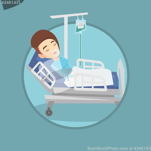 Image of Patient lying in hospital bed with oxygen mask.