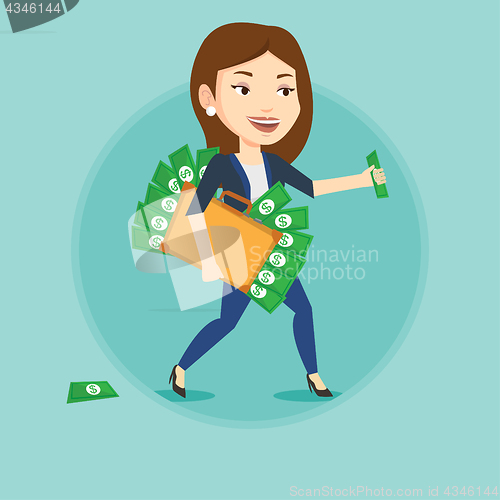 Image of Business woman with briefcase full of money.