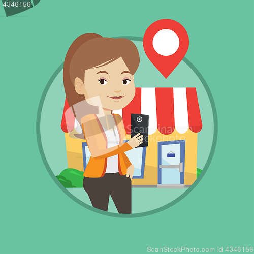 Image of Woman looking for restaurant in her smartphone.