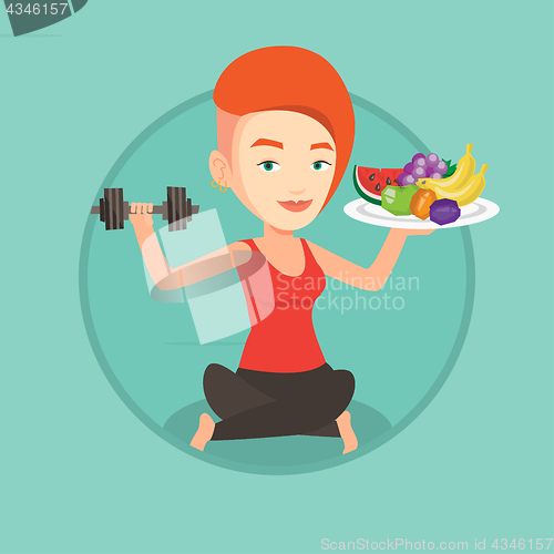Image of Healthy woman with fruits and dumbbell.