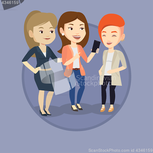 Image of Three smiling friends looking at mobile phone.