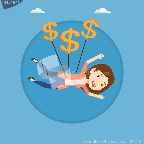 Image of Business woman flying with dollar signs.