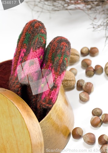 Image of knitted socks in wooden box