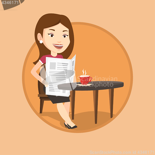 Image of Woman reading newspaper and drinking coffee.