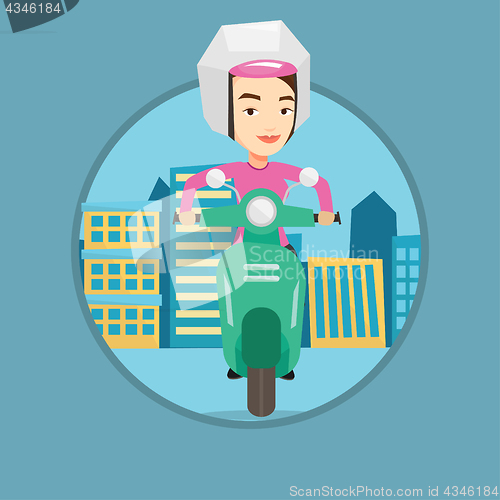 Image of Woman riding scooter in the city.