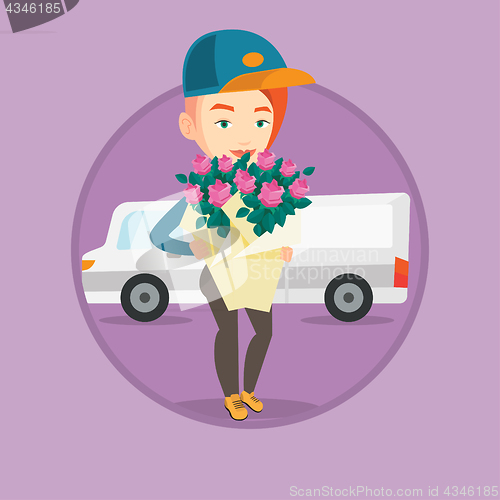 Image of Delivery courier holding bouquet of flowers.