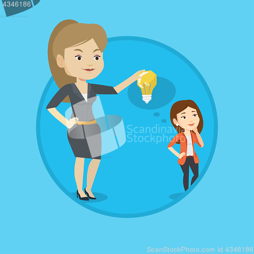 Image of Business woman giving idea bulb to her partner.
