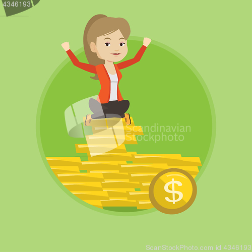 Image of Happy business woman sitting on golden coins.