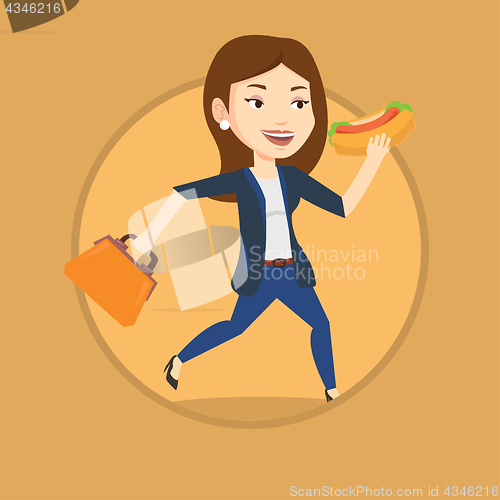 Image of Business woman eating hot dog vector illustration.