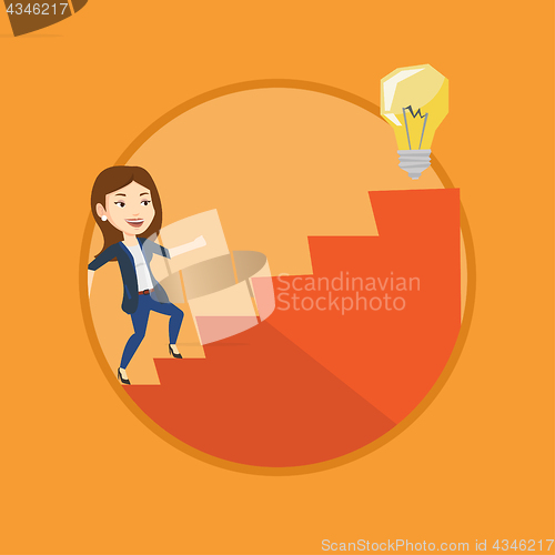 Image of Business woman walking upstairs to the idea bulb.