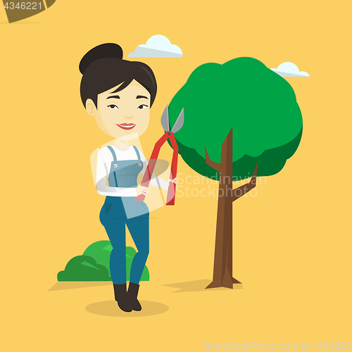 Image of Farmer with pruner in garden vector illustration.