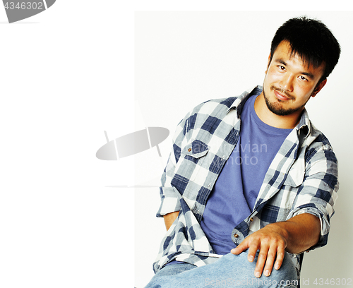 Image of young handsome asian man hipster in glasses on white background,