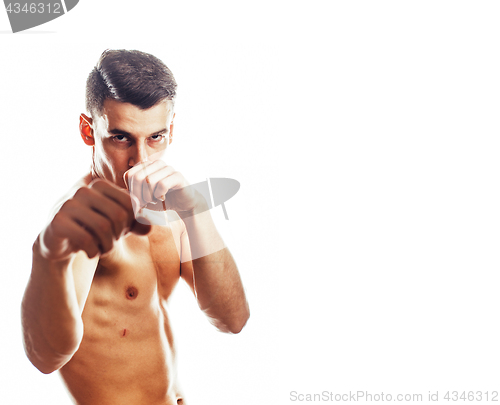 Image of young handsome naked torso man boxing on white background isolat