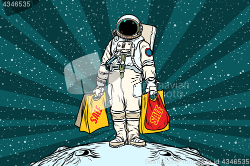 Image of Lone retro astronaut with a sale shopping bags