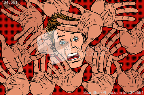 Image of Horror fear background, hands and frightened face