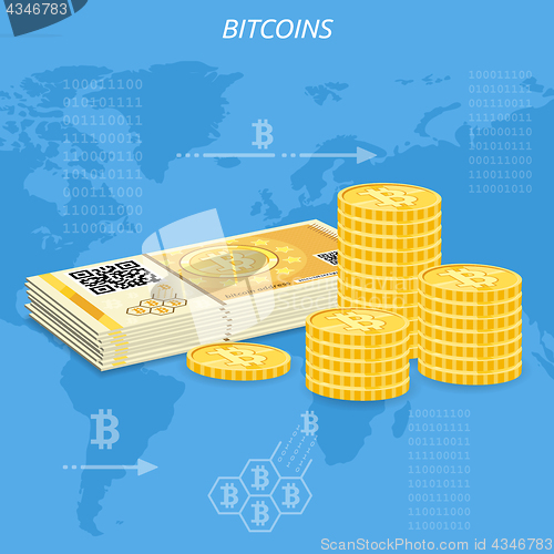 Image of Crypto currency bitcoin banknotes and coins