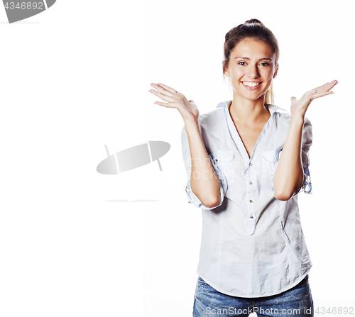 Image of cute young pretty girl thinking on white background isolated close up