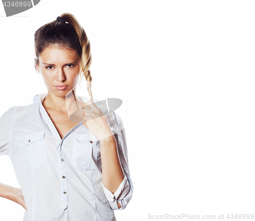 Image of cute young pretty girl thinking on white background isolated close up