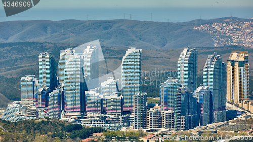 Image of Istanbul, Turkey - April 3, 2017: Skyscrapers in the Maslak. Shooting through the glass. Retro style.