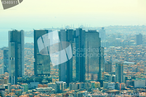 Image of Urban landscape of European side of Istanbul and Bosphorus Strait on a horizon. Modern part of city with business towers of international corporations, skyscrapers and shopping malls of the city. Shoo