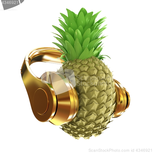 Image of Fashion gold pineapple with headphones listens to music. 3d illu