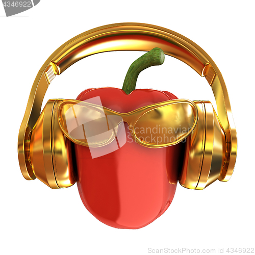 Image of Bell peppers with sun glass and headphones front \"face\" on a whi