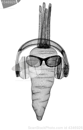 Image of carrot with sun glass and headphones front \"face\" on a white bac