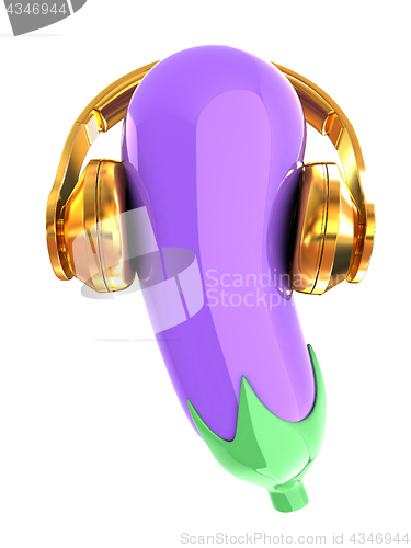 Image of eggplant with headphones on a white background. Eggplant for far