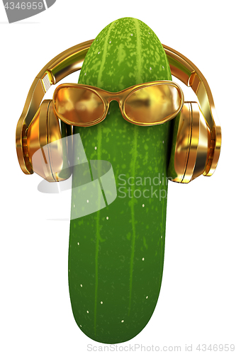 Image of cucumber with sun glass and headphones front \"face\" on a white b