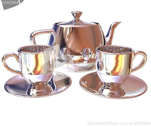 Image of Chrome Teapot and mugs. 3d illustration