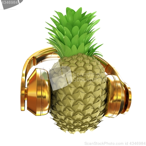 Image of Fashion gold pineapple with headphones listens to music. 3d illu