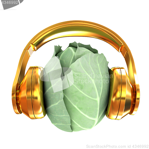 Image of Green cabbage with headphones on a white background. 3d illustra