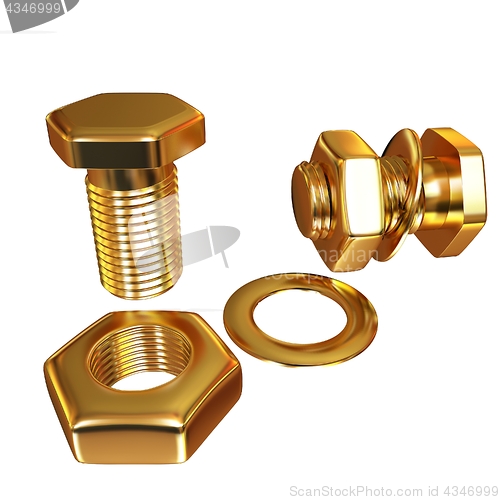 Image of Gold Bolt with nut. 3d illustration