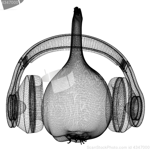 Image of Head of garlic with headphones on a white background. 3D illustr