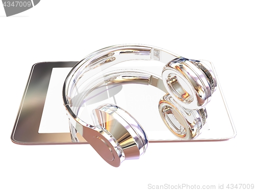 Image of Smartphone with headphones. Chrome icon. 3d illustration