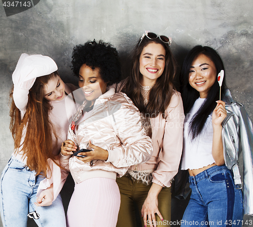 Image of Lifestyle and people concept: young pretty diversity nations woman with different age children celebrating on birth day party together happy smiling, making selfie. African-american, asian and caucasi