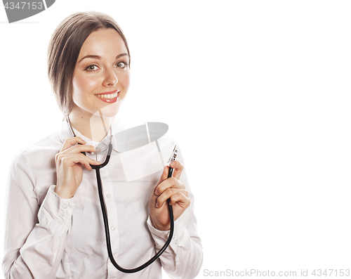 Image of young pretty woman doctor with stethoscope on white background 
